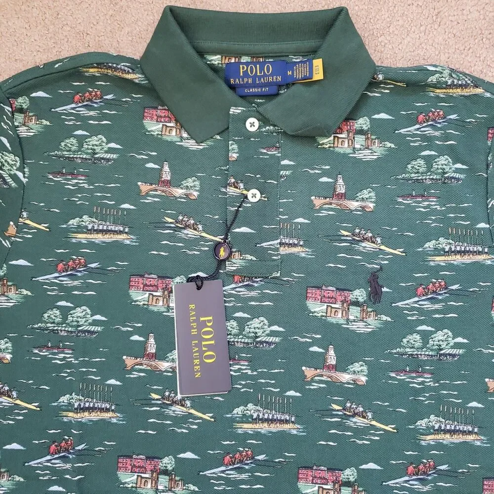 NWT Polo Ralph Lauren Scenic Row Team Size Medium Mens Green AOP Shirt All Over